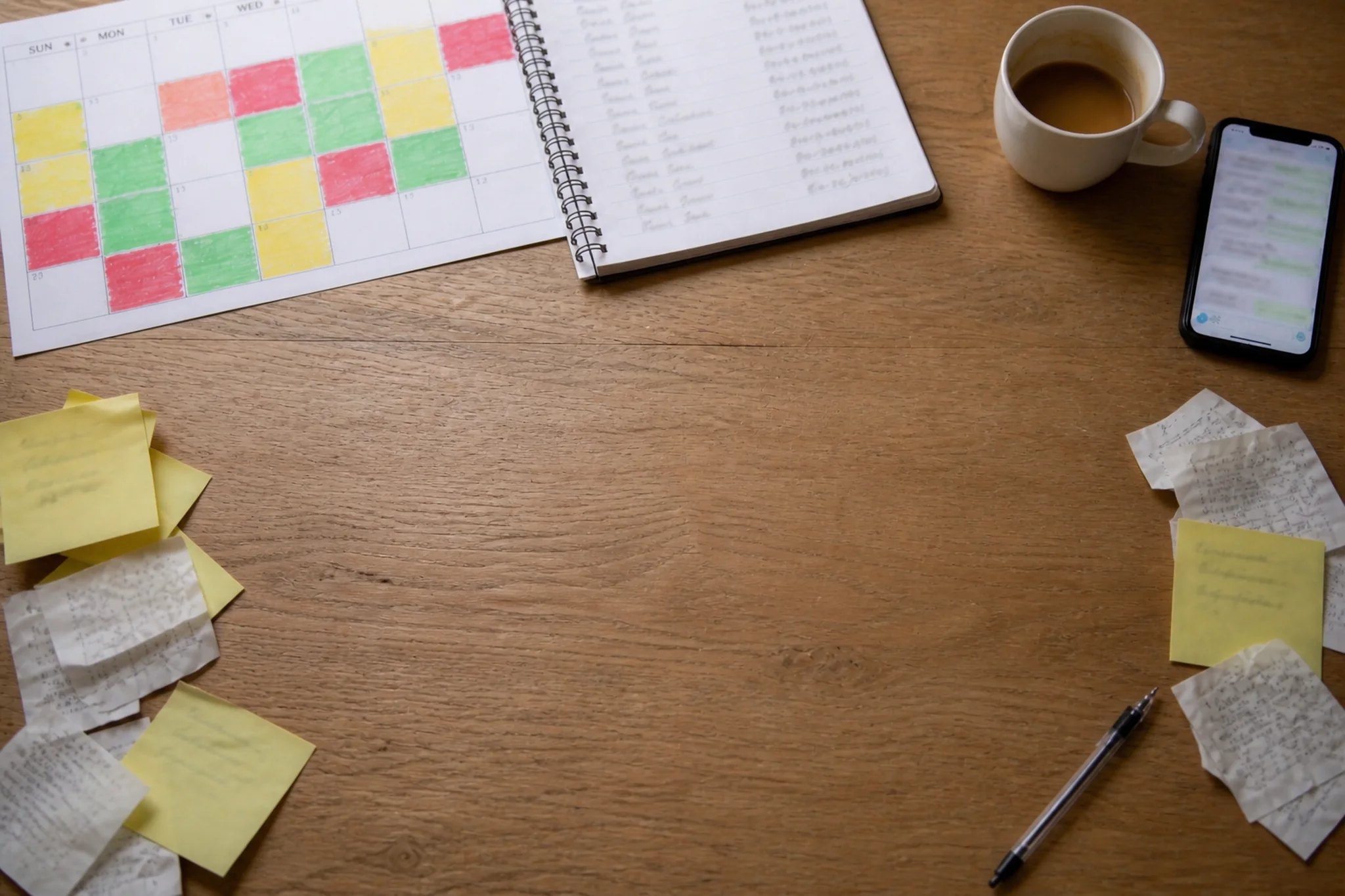 A worktable holding an open notebook of client names and phone numbers, sticky notes, a phone showing text messages, and a half-finished coffee.