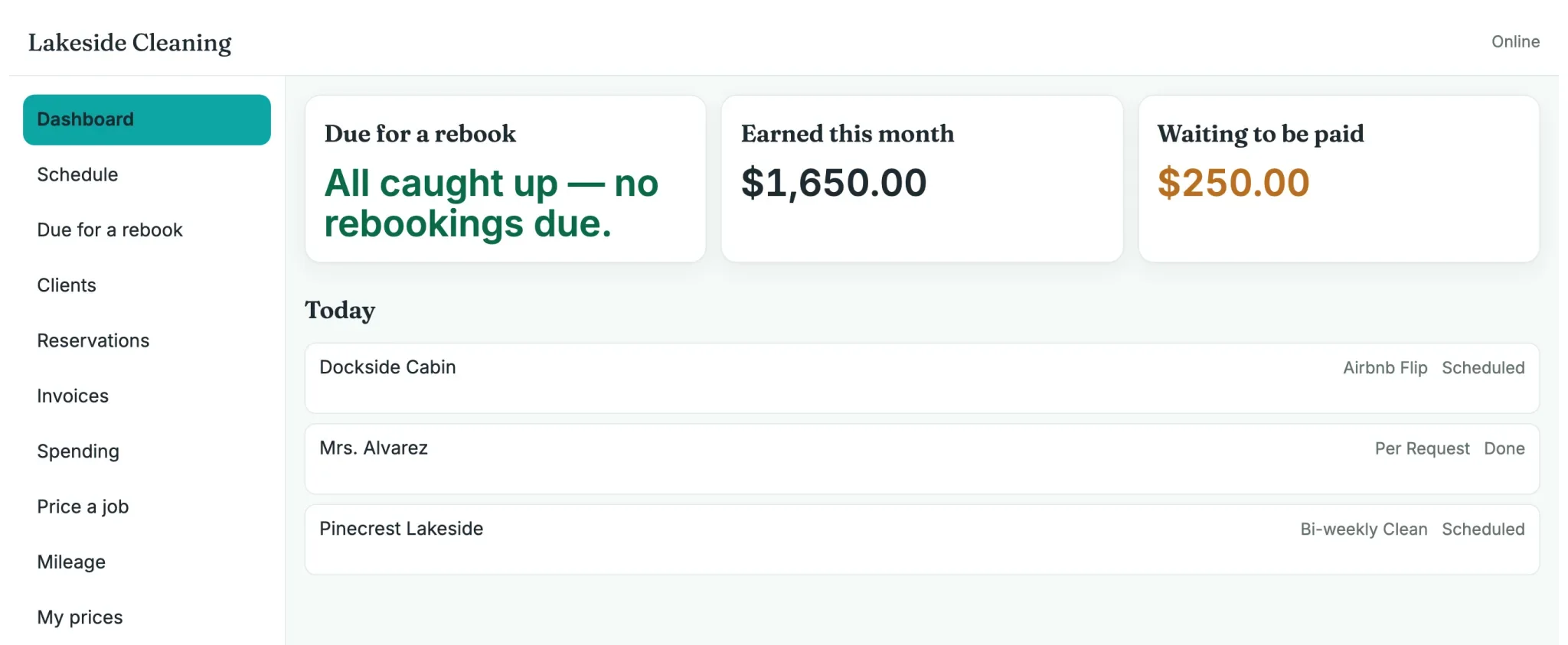 The TendMate dashboard of a small business: due for a rebook, earned this month, waiting to be paid, and today's visits.